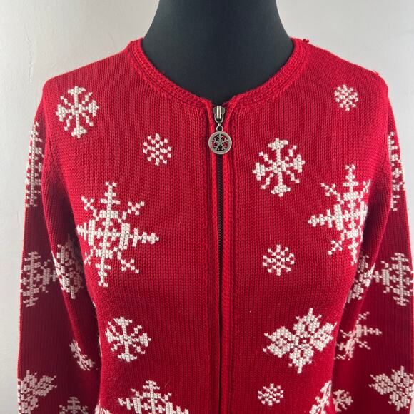 Petite Sophisticate Red White Cardigan Sweater Knit Snowflake Full Zip Small S - Picture 3 of 11